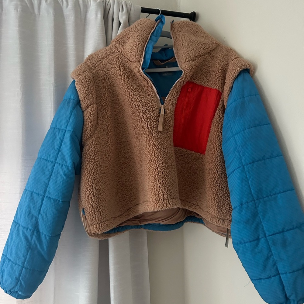 FP Movement Tan and Blue Puffer Jacket with Quilted Sleeves